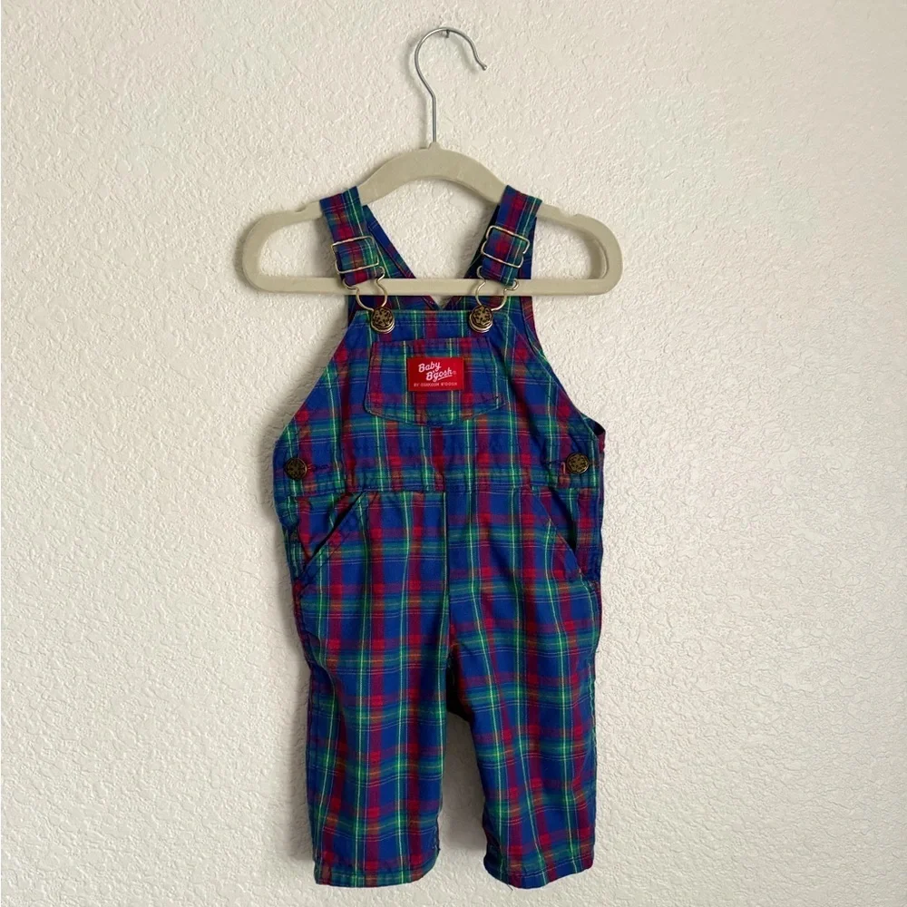 OshKosh B’Gosh Vintage Baby B’Gosh Cotton Plaid Overalls 3-6 Mos Blue Red Green